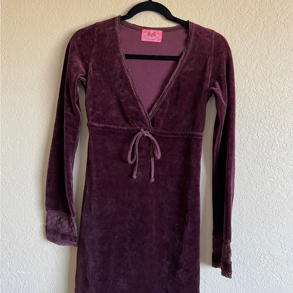 Juicy couture burgundy red velvet velour dress lace V neck tunic baby doll